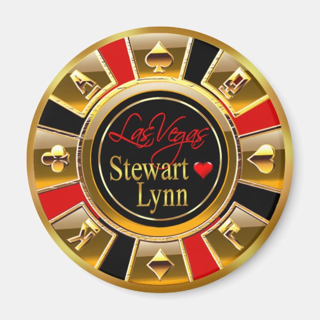 Las Vegas Deluxe Guld & Red Casino Chip favor Magnet (Framsidan)