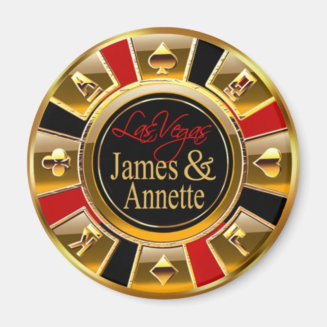 Las Vegas Deluxe Guld & Red Casino Chip favor Magnet (Framsidan)