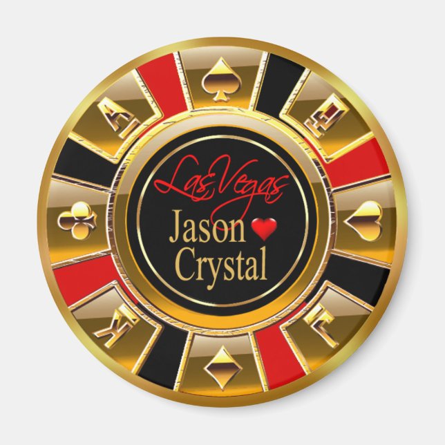 Las Vegas Deluxe Guld & Red Casino Chip favor Magnet (Framsidan)