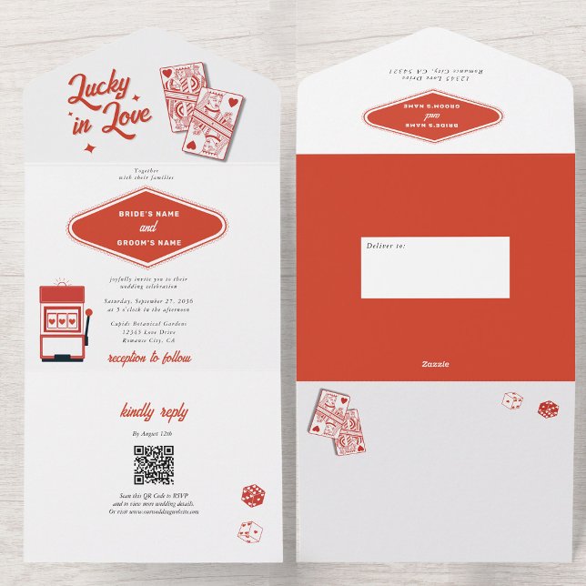 Las Vegas Destination Casino Lucky i Kärlek Bröllo (Las Vegas Destination Casino Lucky in Love Wedding All In One Invitation)