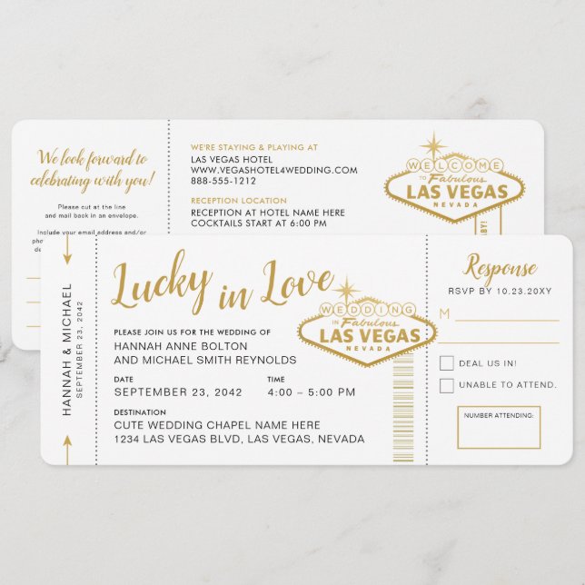 Las Vegas Destination Wedding Boarding Pass Biljet Inbjudningar (Fram/baksida)