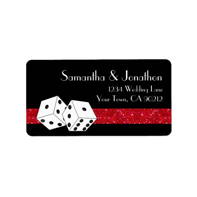 Las Vegas Dice Theme Ruby Red & Black Faux Glitter Adressetikett (Framsidan)