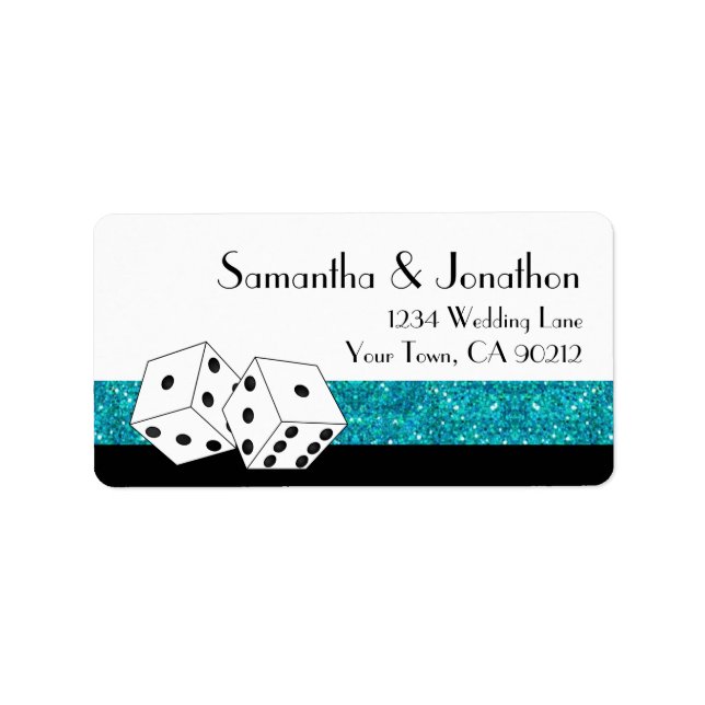 Las Vegas Dice Theme Teal & Black Faux Glitter Adressetikett (Framsidan)