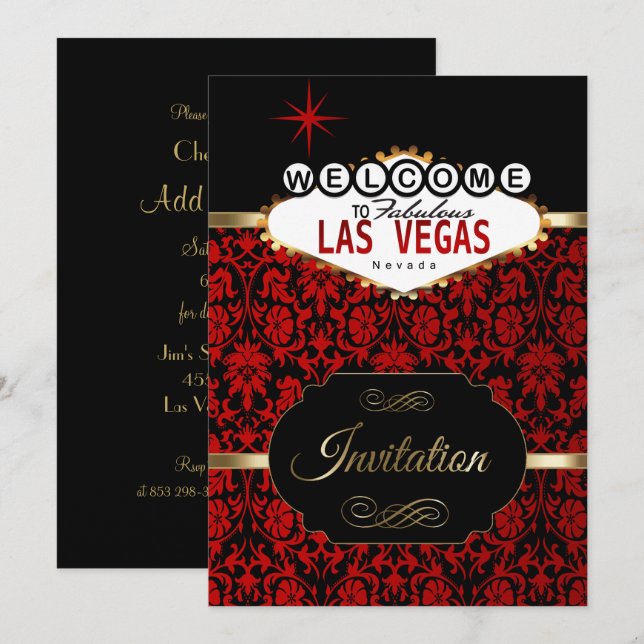 Las Vegas i rött damast | Festinladan Inbjudningar (Fram/baksida)
