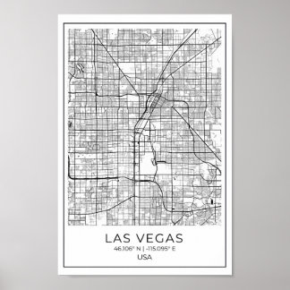 Las Vegas Karta - Las Vegas Black and White Karta Poster