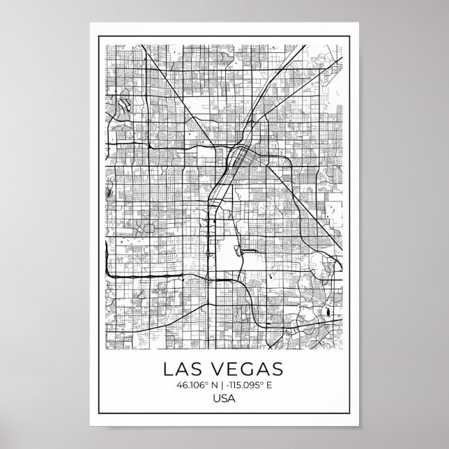 Las Vegas Karta - Las Vegas Black and White Karta Poster (Framsidan)