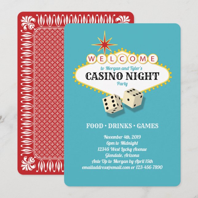 Las Vegas Marquee Casino Night Party Teal Inbjudningar (Fram/baksida)