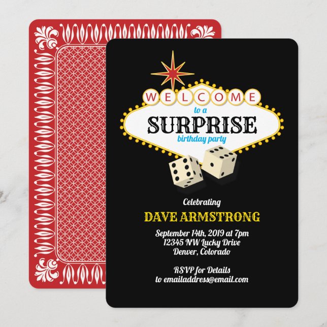 Las Vegas Marquee Surprise Födelsedagsfest Inbjudningar (Fram/baksida)