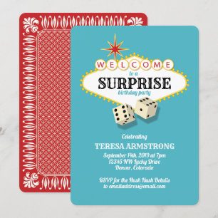 Las Vegas Marquee Surprise Födelsedagsfest Teal Inbjudningar