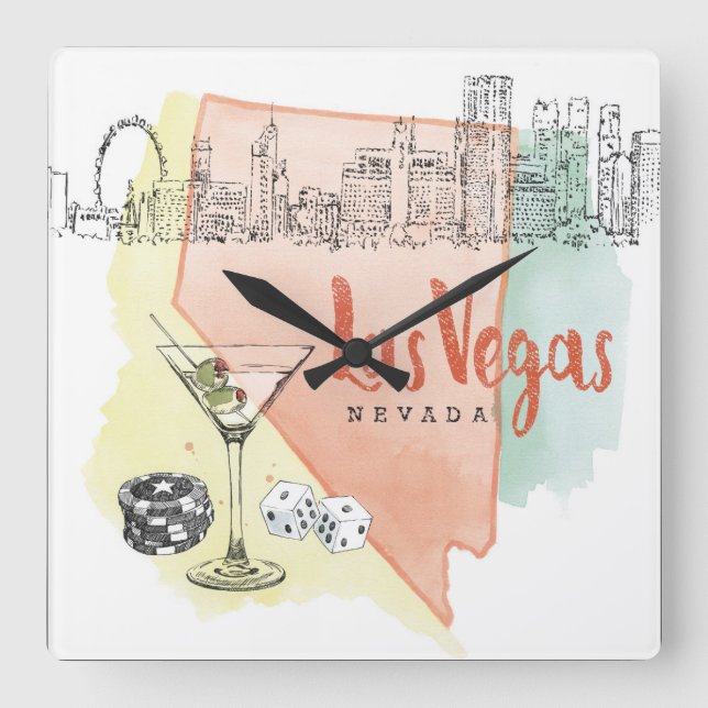 Las Vegas, Nevada | Skischbild för vattenfärg Fyrkantig Klocka (Framsida)