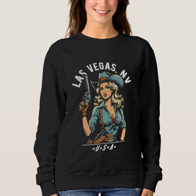 Las Vegas Nevada USA Cowgirl with Pistol Western D T Shirt (Framsida)