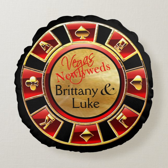 Las Vegas Newlyweds Casino Chip| Rödsvart guld Rund Kudde (Framsidan)
