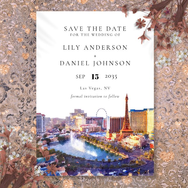 Las Vegas Siluett Vattenfärg Destination Bröllop Spara Datumet (Las Vegas Skyline Watercolor Destination Wedding Save The Date)