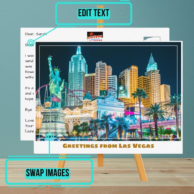 Las Vegas Skyline belystes på natten. Vykort (Please enjoy our postcard)