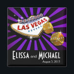 Las Vegas Starburst Wedding Favor lila Black Magnet<br><div class="desc">Den här roligten "Las Vegas Starburst" bröllop-magnet är perfekt för Vegas målbröllop och kasinokemerade evenemang. För frågor eller förfrågningar,  e-post: glamprettyweddings.com/contact. Utformad av Cheryl Daniels © 2013. Matchande bröllopsinbjudningar,  mottagande inbjudan,  spara datumen och mer tillgängligt.</div>
