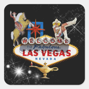 Las Vegas välkomstskylt mot en stjärnig bakgrund Fyrkantigt Klistermärke