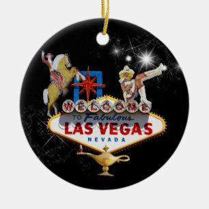 Las Vegas välkomstskylt mot en stjärnig bakgrund Julgransprydnad Keramik