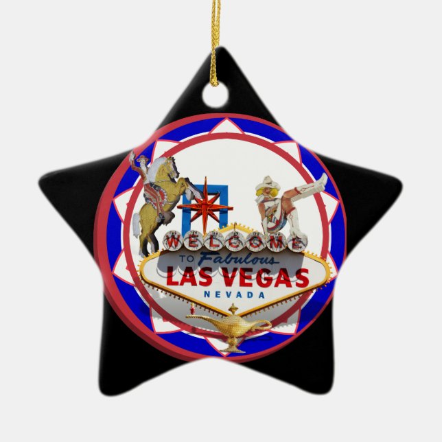 Las Vegas Välkomstskylt Röd & Blå Pokerchip Julgransprydnad Keramik (Framsidan)