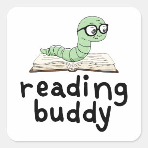 Läsa budddy Cute Bookworm med Bok Fyrkantigt Klistermärke