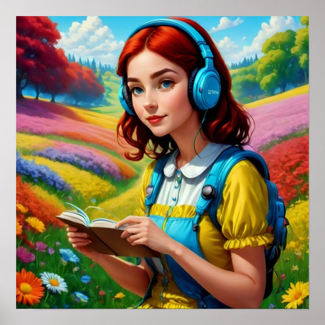 Läsa flicka med hörlurar i färglöst landskap poster (Framsidan)