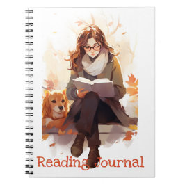 Läsa journal Cute Girl bok och hund Autumn Anteckningsbok
