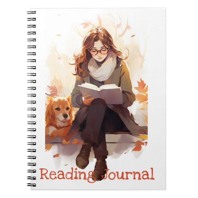Läsa journal Cute Girl bok och hund Autumn Anteckningsbok (Framsidan)