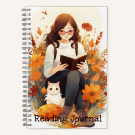 Läsa journal Cute Girl w/ bok och cat Autumn