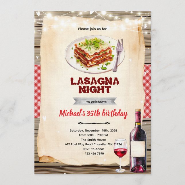 Lasagne och vin kväll inbjudan (Framsida)