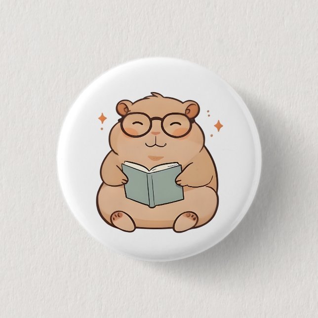 Läsande Kapybara med Glasögon Kawaii Design Knapp (Framsida)