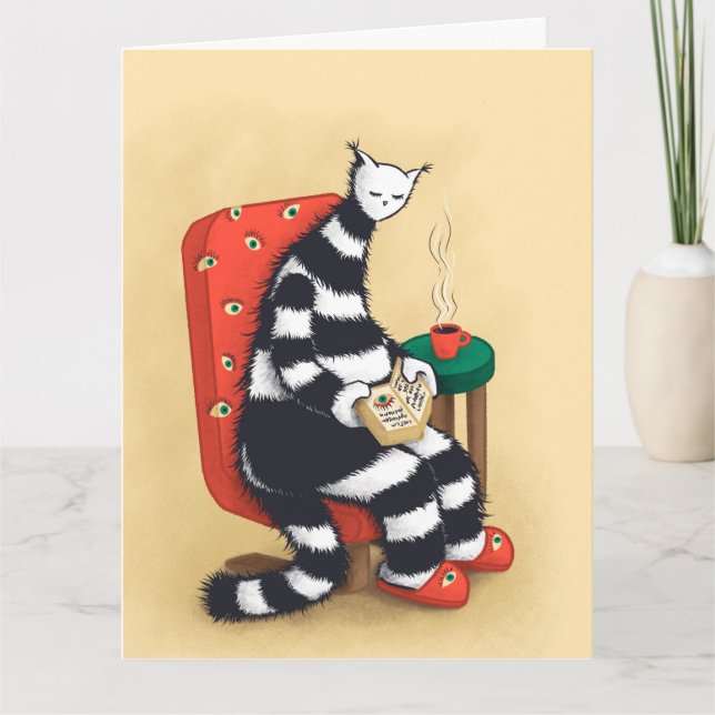 Läsande Katt Illustration Mysig Bokälskare Estetik Kort (Framsida)