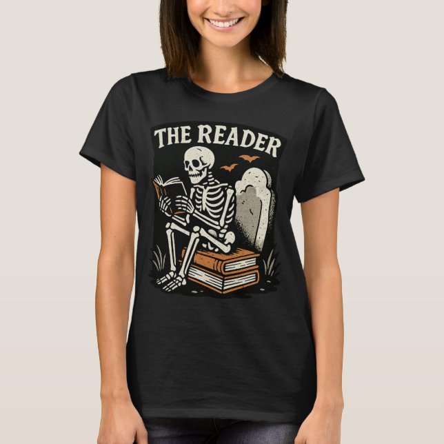 Läsaren | Skeleton Booklover Halloween T-Shirt (Framsida)