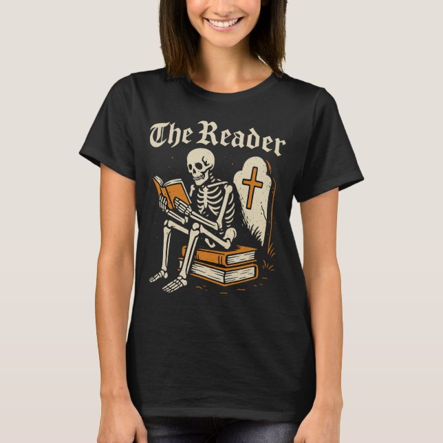 Läsaren | Skeleton Booklover Halloween T-Shirt (Framsida)