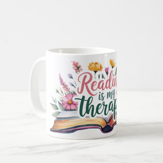 Läser är min terapi Wildblomma Bookish Kaffemugg (Framsida vänster)