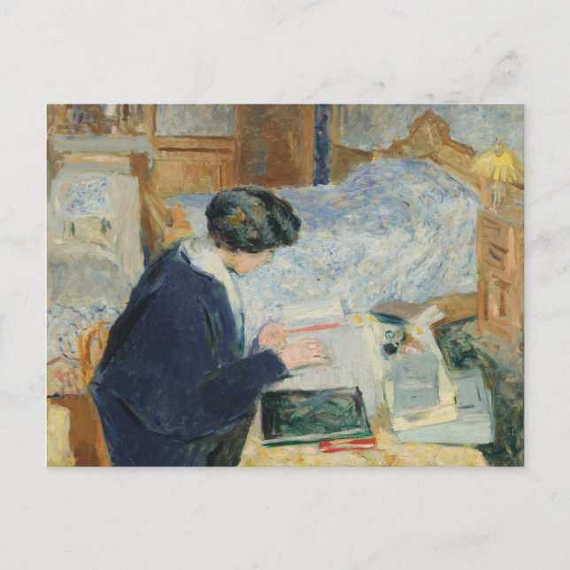 Läser bredvid hennes ben vykort (Framsida)