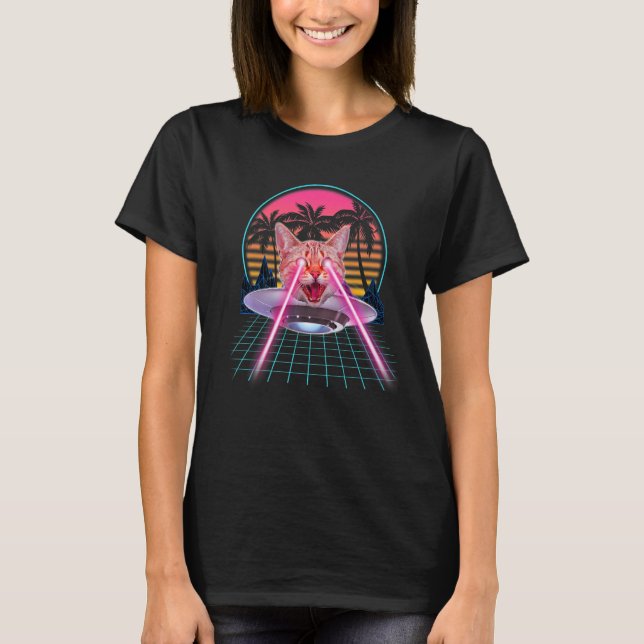 Laser Cat Öga Kitten UFO Retro 80-tal-katter T Shirt (Framsida)