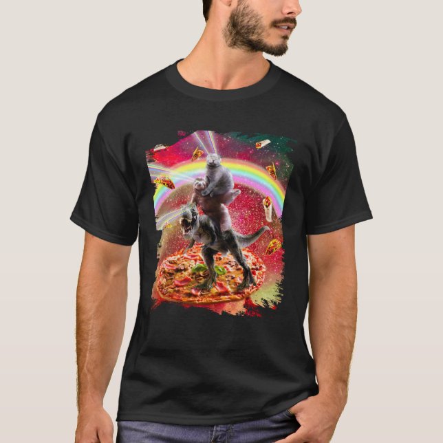 Laser Eyes Space Cat On Sloth Dinosaur  Rainbow T Shirt (Framsida)