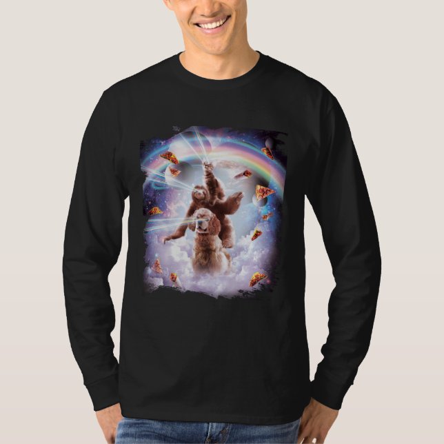 Laser Eyes Space Cat Riding Sloth, Dog Rainbow T Shirt (Framsida)