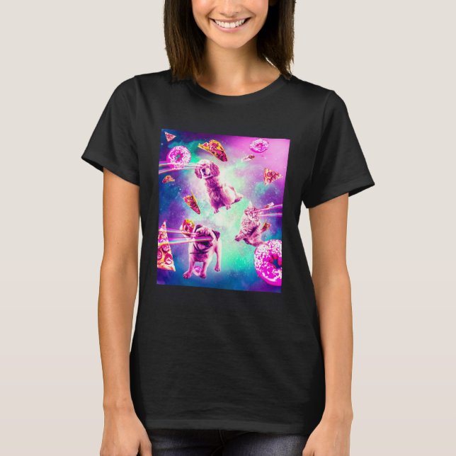 Laser Eyes Space Cat With Dog Pug  Rainbow T Shirt (Framsida)