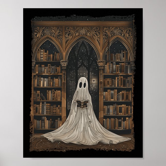 Läser Ghost Bibliotek Halloween Librarian Bok Lov Poster (Framsidan)