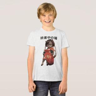 Läser katt i Cheongsam - Retro Anime Kanji-konst T Shirt