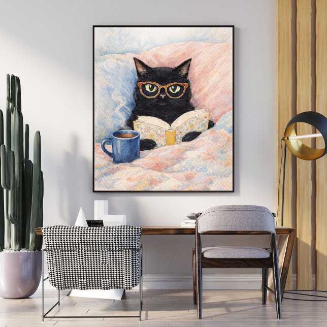 läser kattillustration | svart katt konst | mysigt poster (Skapare uppladdad)