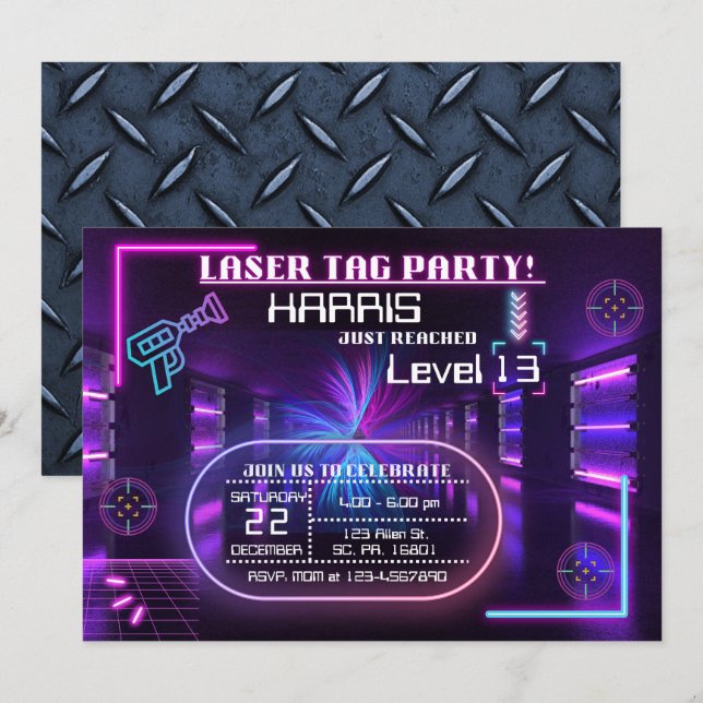 Laser märkre Födelsedagsfest inbjudan för pojke/fl (Fram/baksida)