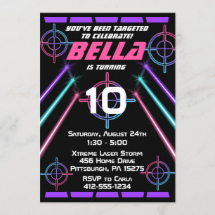 Laser Märkre Girls Neon Rosa Lila Beams Birthday Inbjudningar