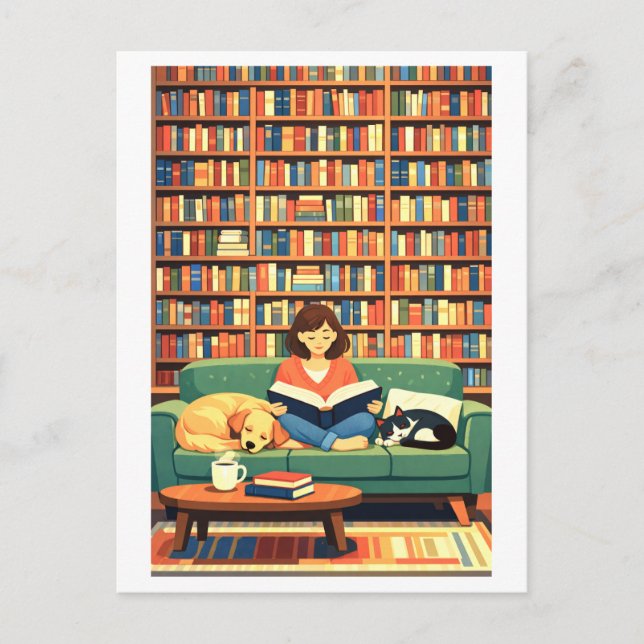Läser med katt- och hundillustration vykort (Framsida)