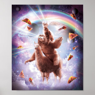 Laser Ögon Space Cat Riding Sloth, Llama - Regnbåg Poster