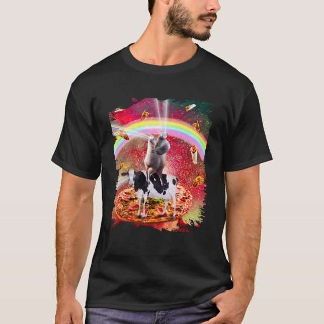Laser Ögon Space-katt på Llama Cow - Rainbow Pullo T Shirt (Framsida)
