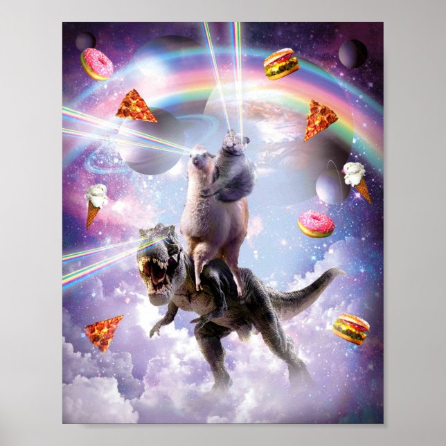 Laser Ögon Space-katt på Llama Dinosaur - regnbåge Poster (Framsidan)