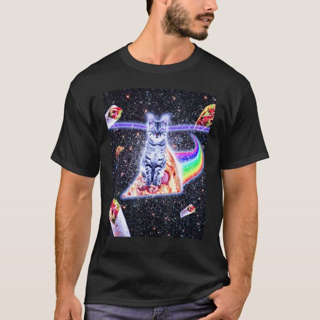 Laser Ögon Space Space Cat Riding Rainbow Pizza T Shirt (Framsida)