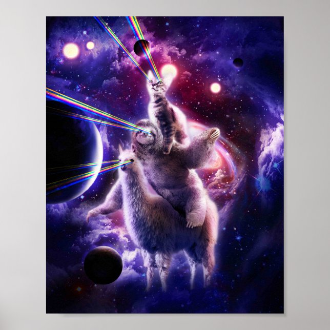 Laser Ögon Space Space Cat Riding Sloth Llama - Re Poster (Framsidan)