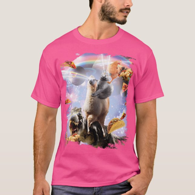 Laser Ögon Space Space Chicken Cat Llama Dinosaur T Shirt (Framsida)